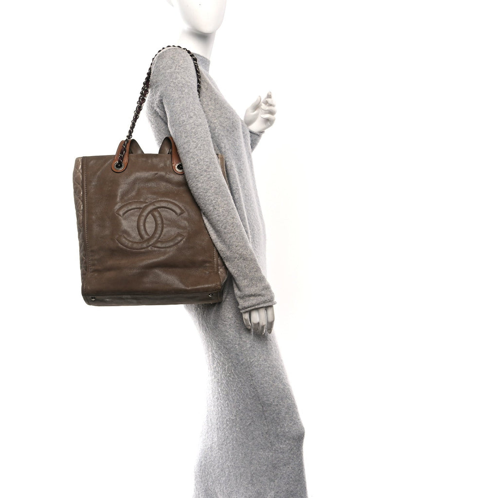 Chanel Iridescent Calfskin In The Mix Tall Tote Khaki