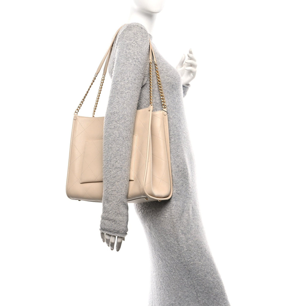 Chanel Caviar Stitched Pocket CC Large Tote Light Beige