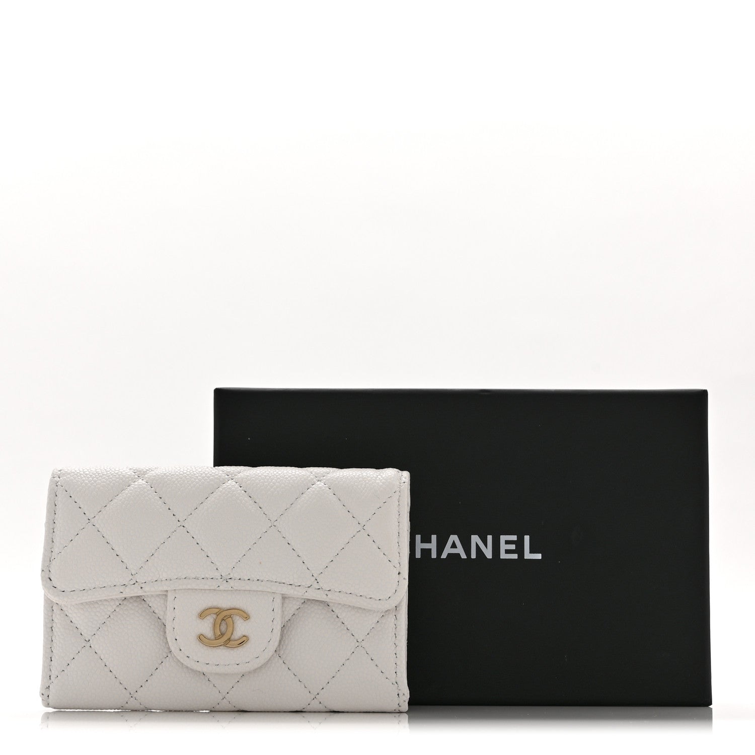 Caviar Quilted Flap Card Holder Wallet White