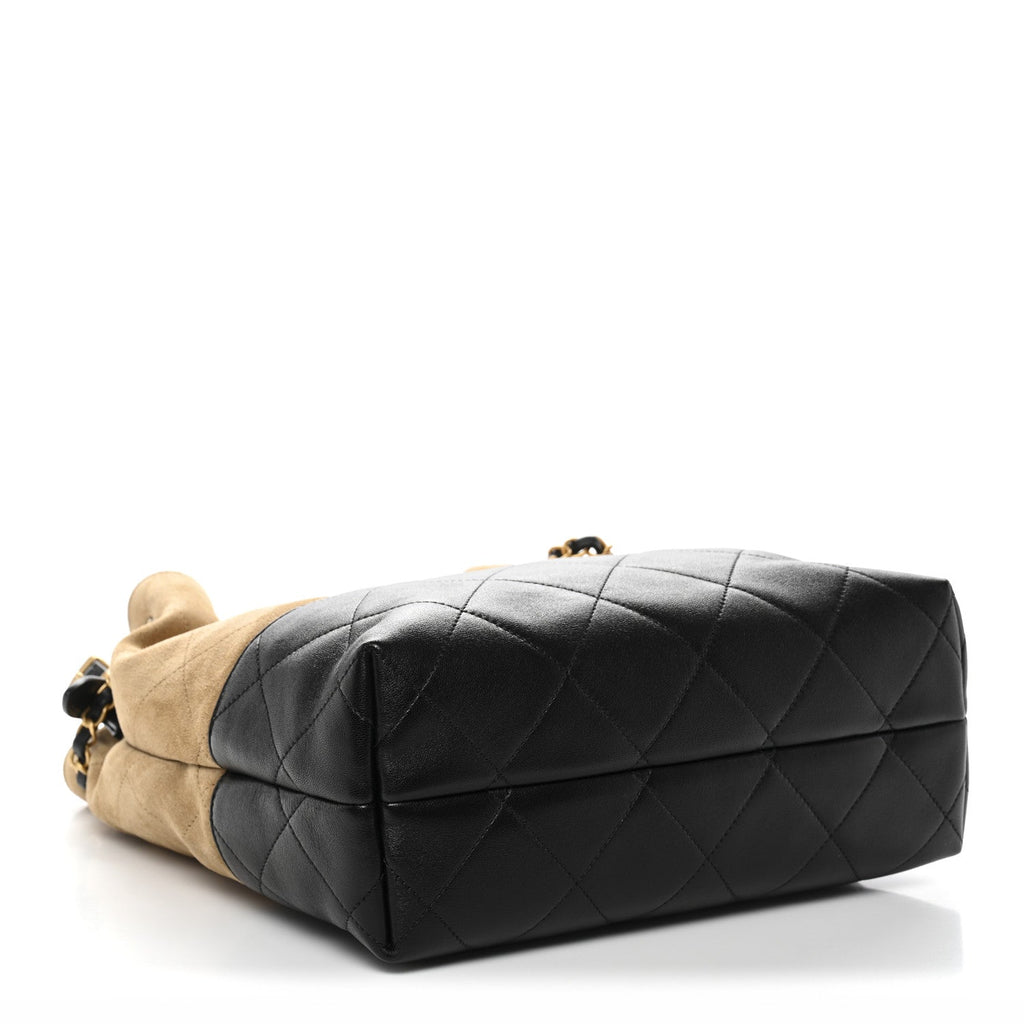 Chanel Suede Calfskin Shiny Lambskin Quilted Coco Base Shopping Bag Beige Black