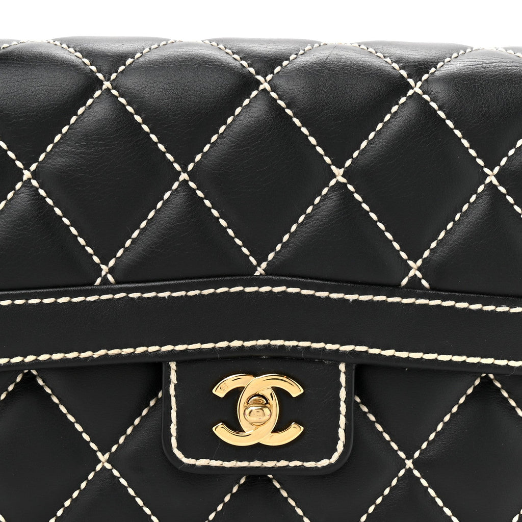 Chanel Calfskin Quilted Wild Stitch Large Top Handle Flap Black