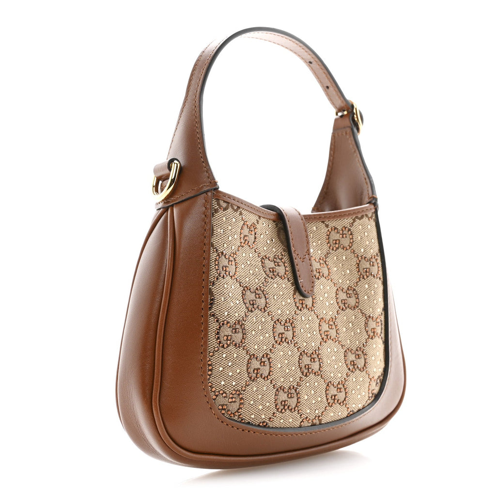 Gucci New Canvas Charisma Calfskin Crystal GG Monogram Mini Jackie 1961 Hobo Camel Ebony