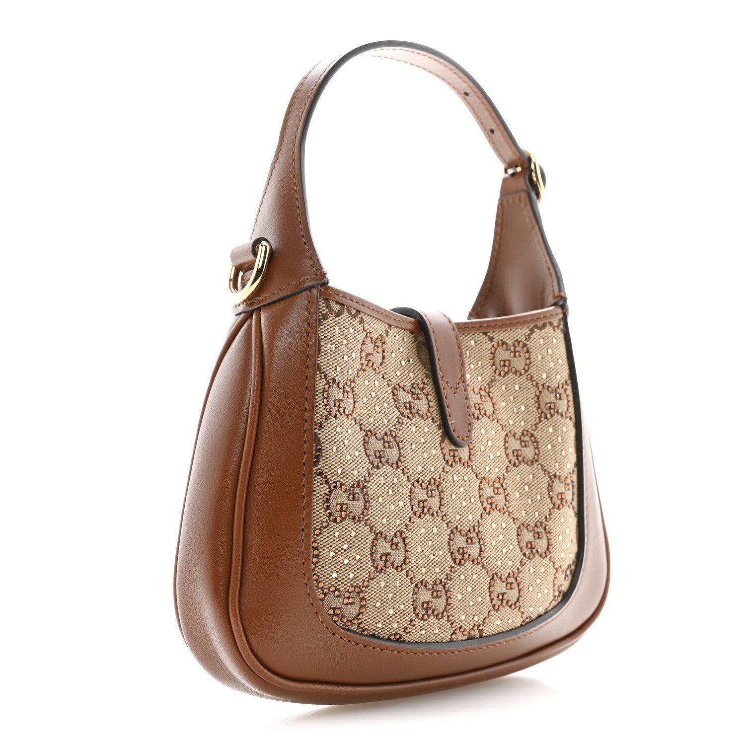 Gucci New Canvas Charisma Calfskin Crystal GG Monogram Mini Jackie 1961 Hobo Camel Ebony