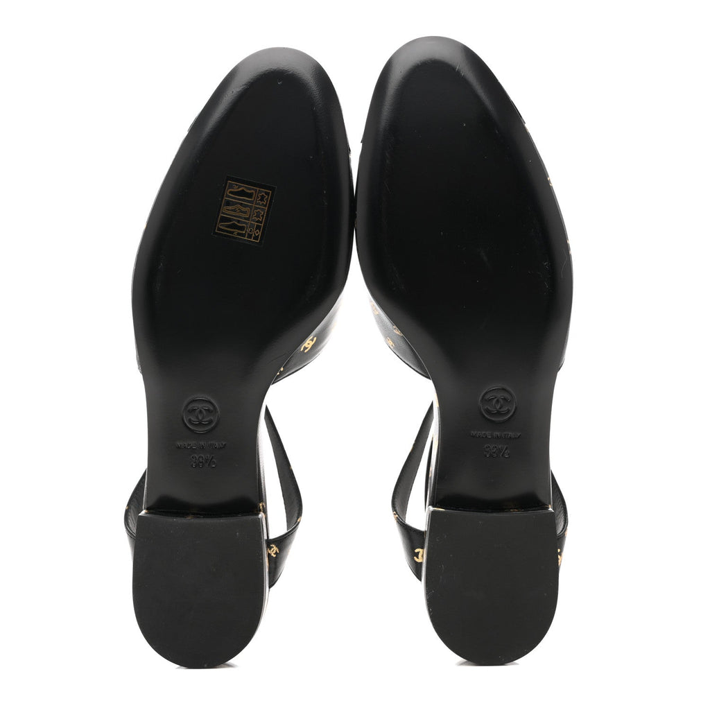 Printed Lambskin Patent Calfskin CC Slingback Flats 38.5 Black Gold