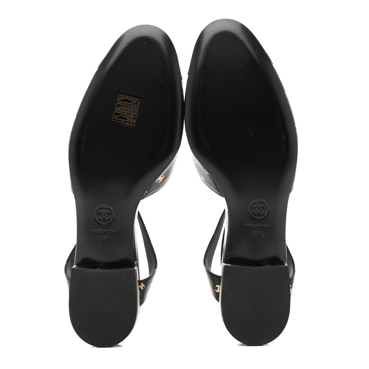 Printed Lambskin Patent Calfskin CC Slingback Flats 38.5 Black Gold