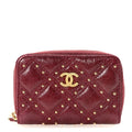 Lambskin Studded Quilted Compact Zip Around Wallet Burgundy