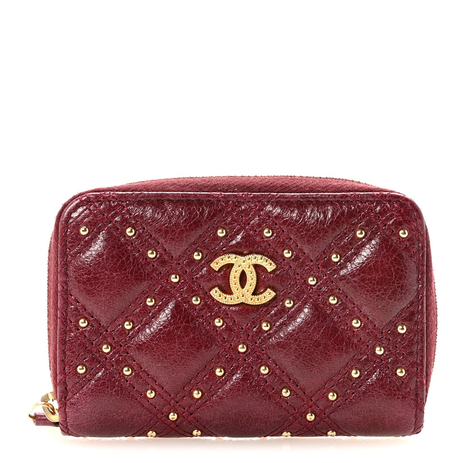 Lambskin Studded Quilted Compact Zip Around Wallet Burgundy