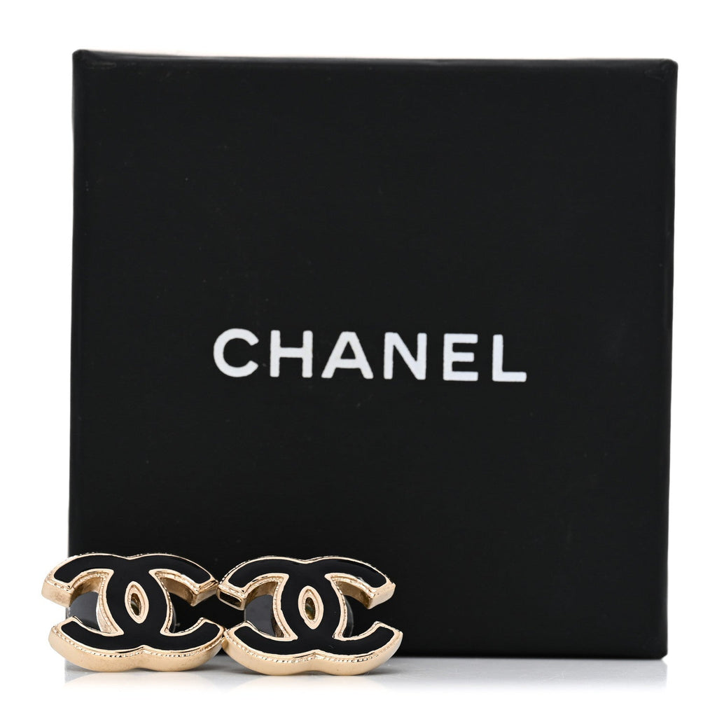 Metal Enamel CC Earrings Black Gold