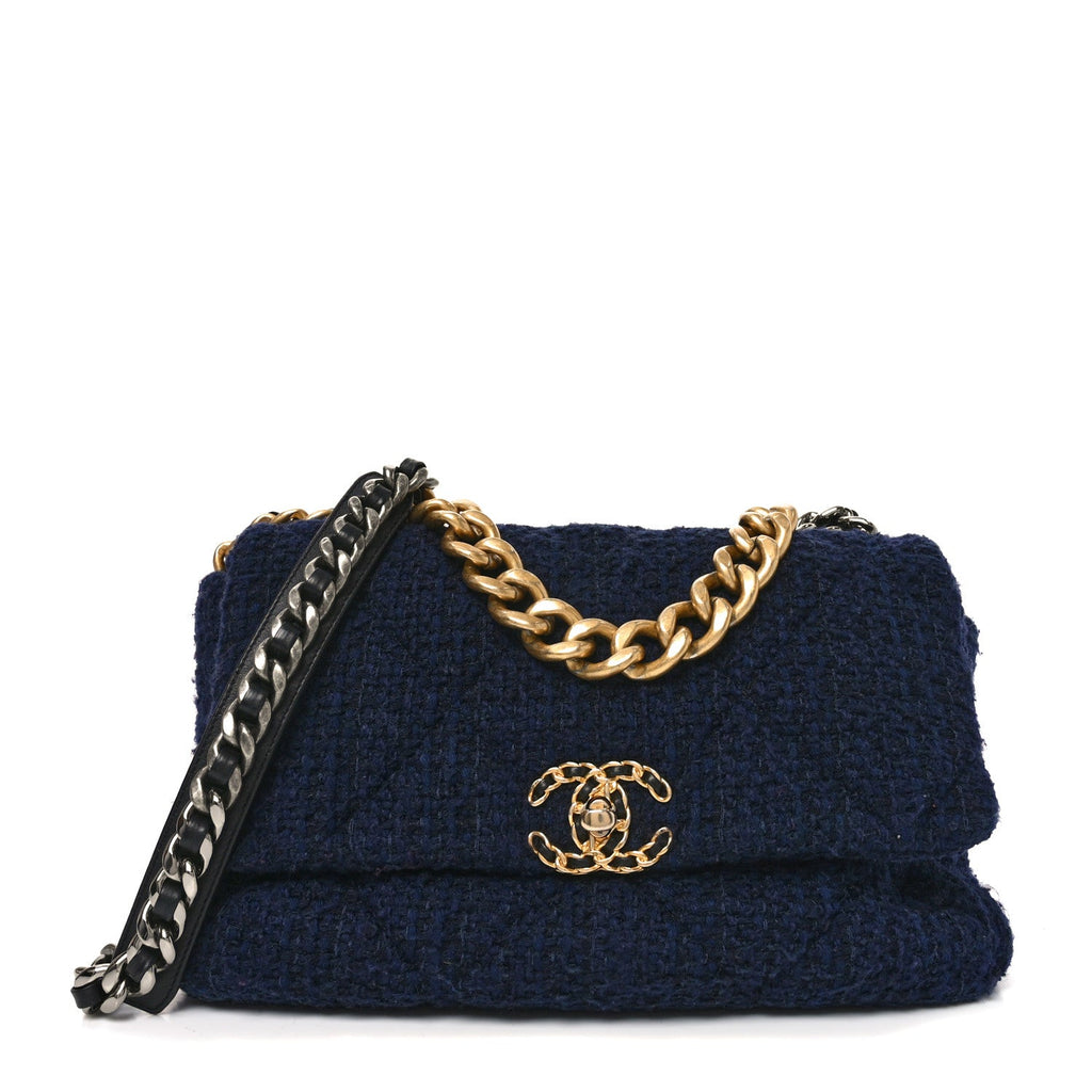 Chanel Tweed Quilted Large Chanel 19 Flap Navy Blue