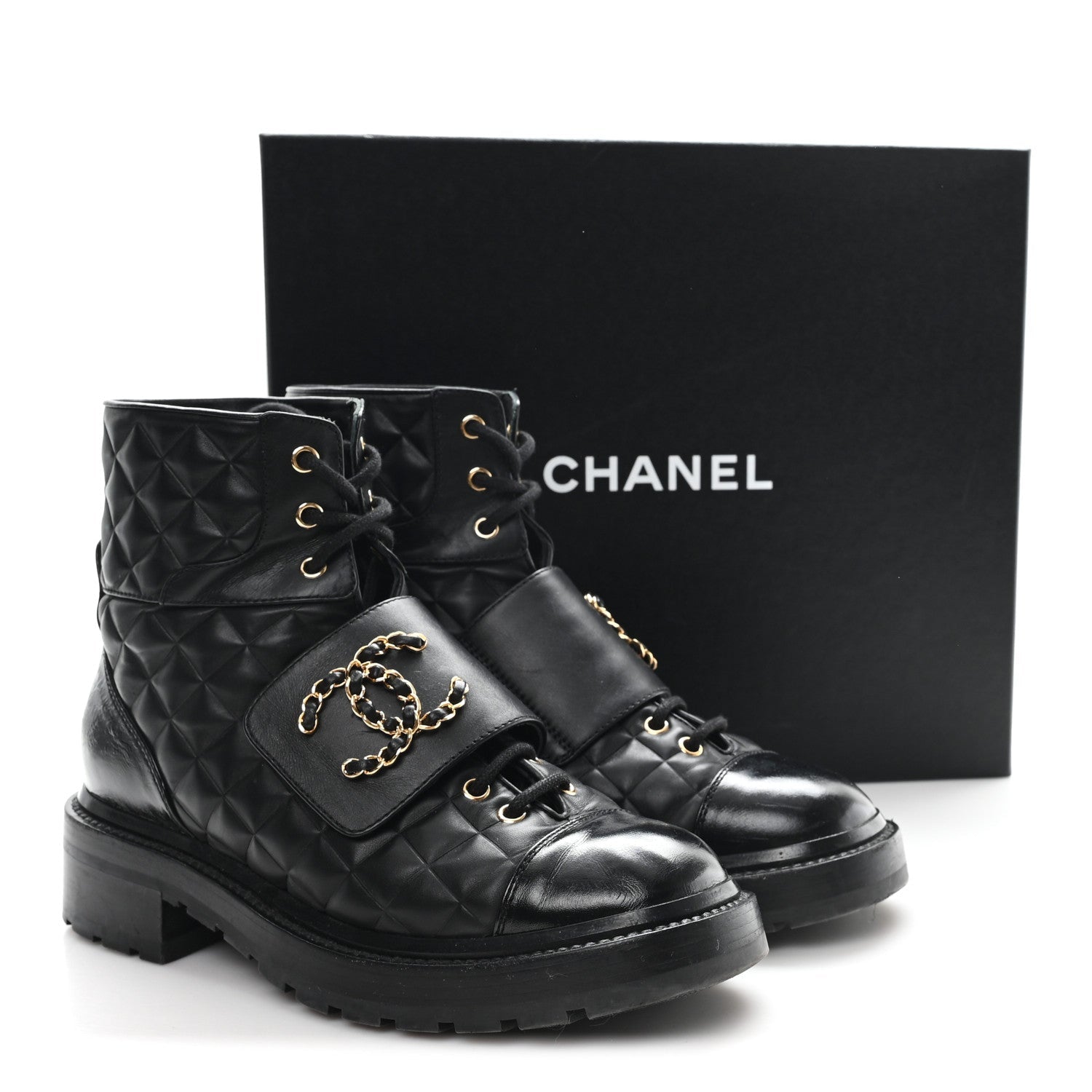 Chanel Shiny Calfskin Quilted Lace Up Combat Boots 38.5 Black