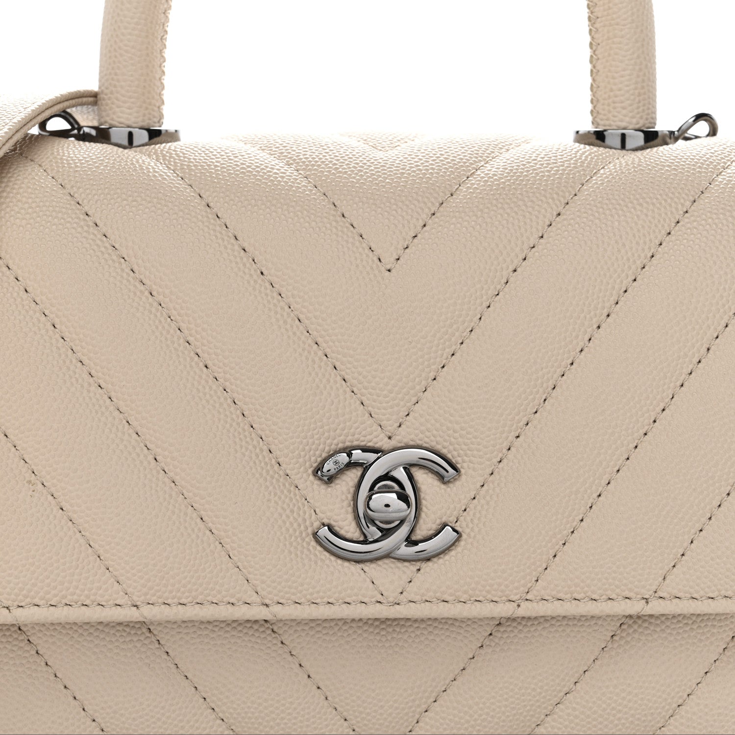 Chanel Caviar Chevron Quilted Mini Coco Handle Flap Beige