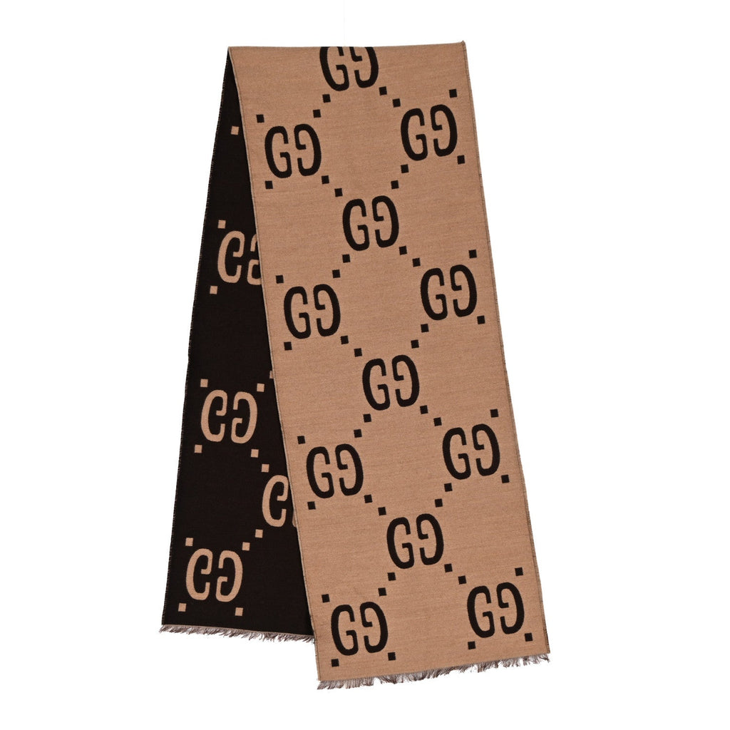 Gucci Wool Silk Monogram Jumbo GG Freedom Scarf Dark Brown Beige