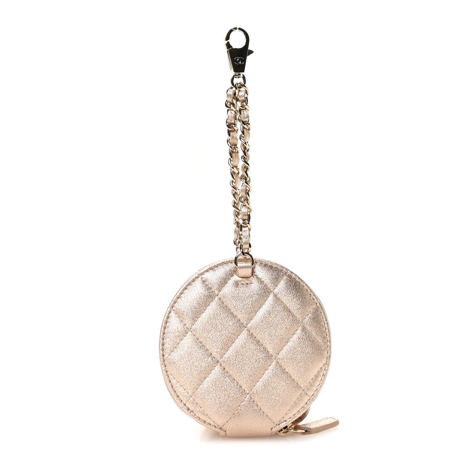 Metallic Lambskin Quilted Round Clip On Coin Purse Airpods Case Gold