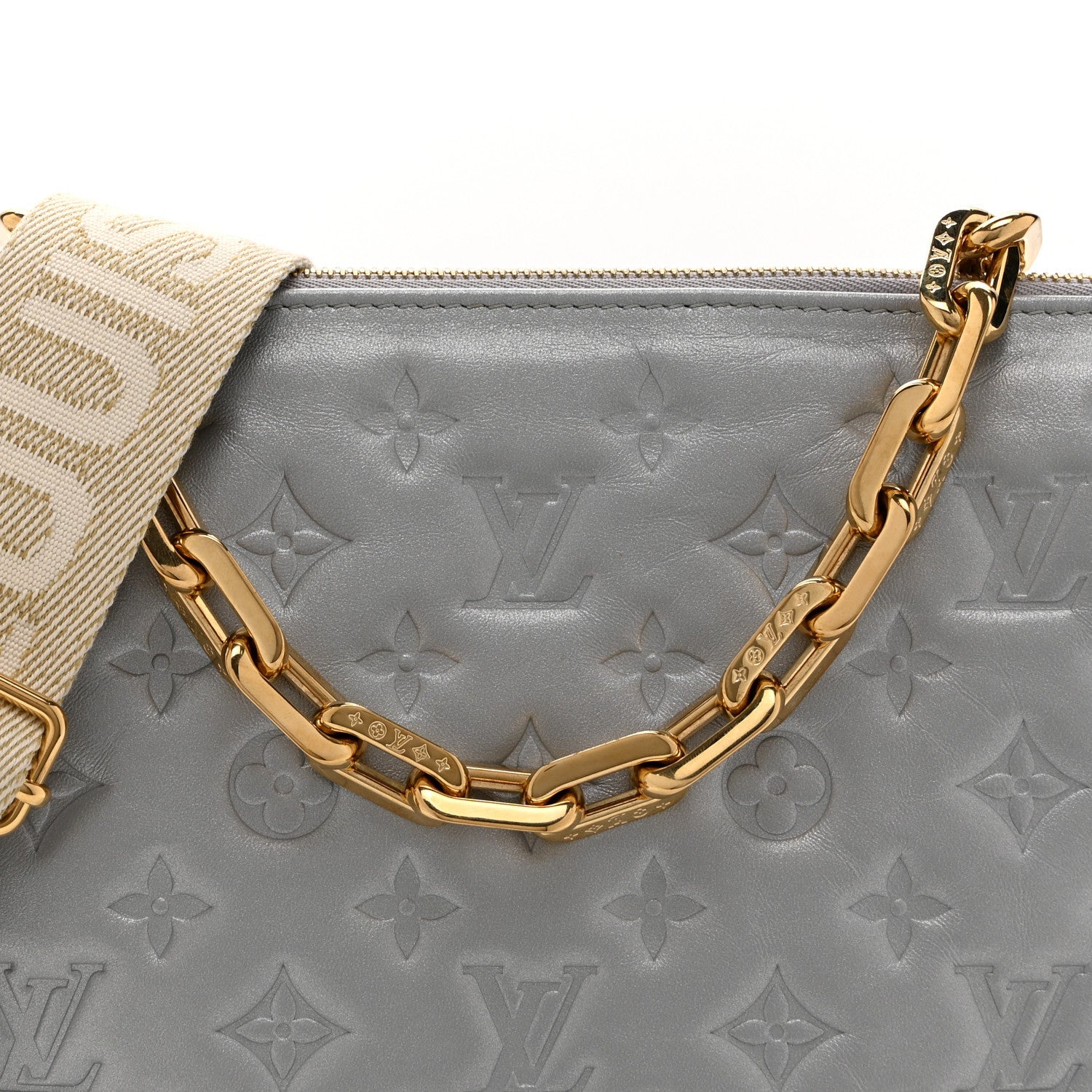 Louis Vuitton Metallic Lambskin Embossed Monogram Coussin PM Silver