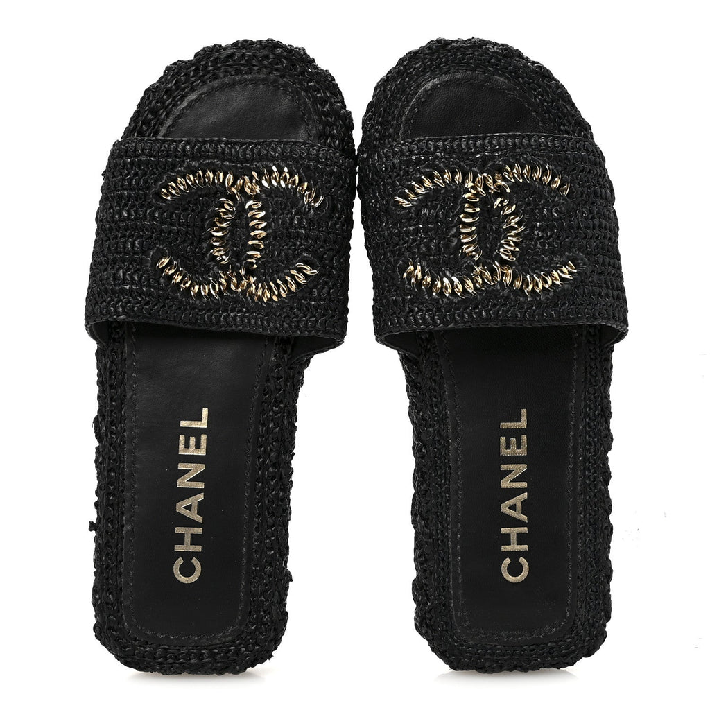 Braided Cord CC Espadrille Slip On Sandals 38 Black