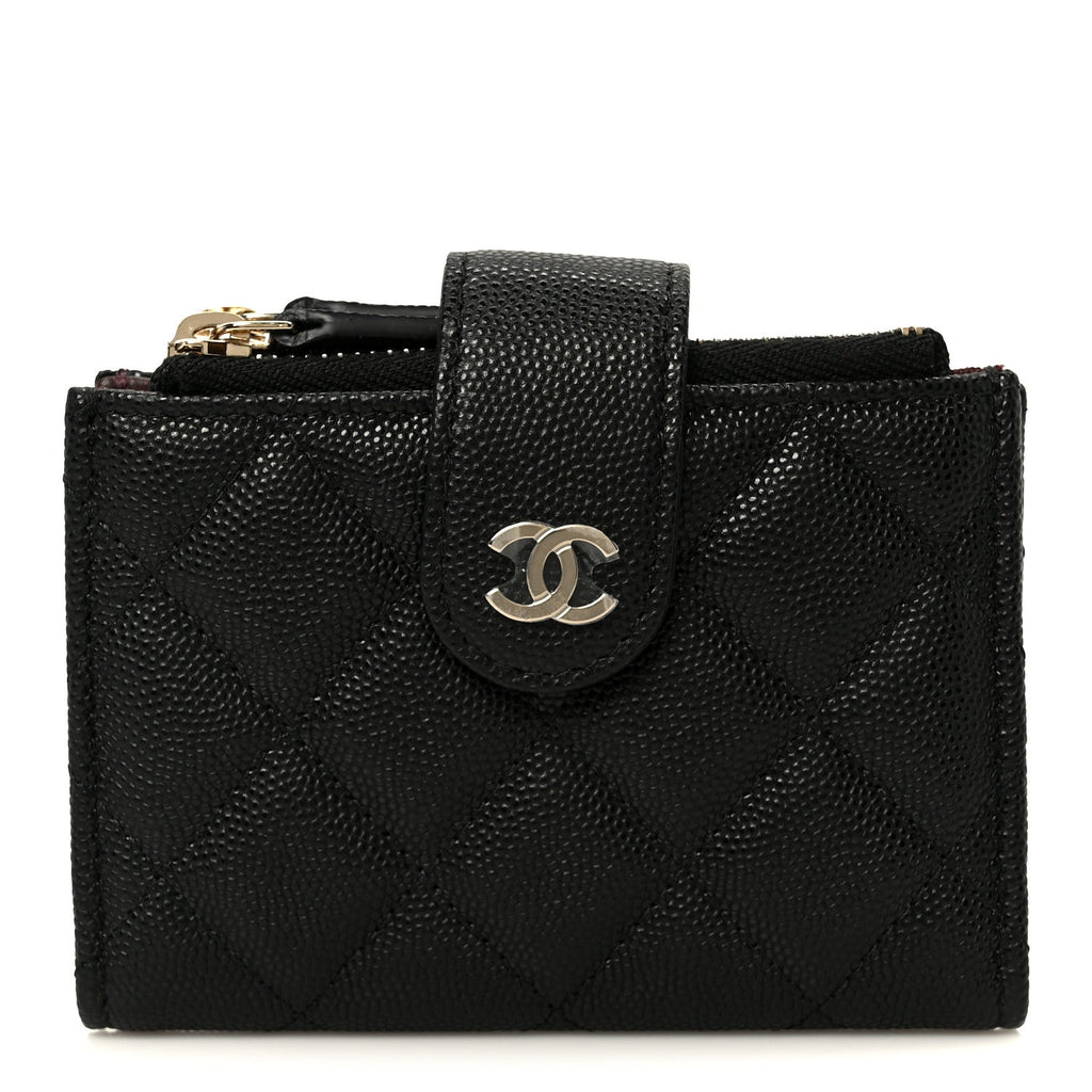Caviar Quilted Compact Zipped Pocket Wallet Black