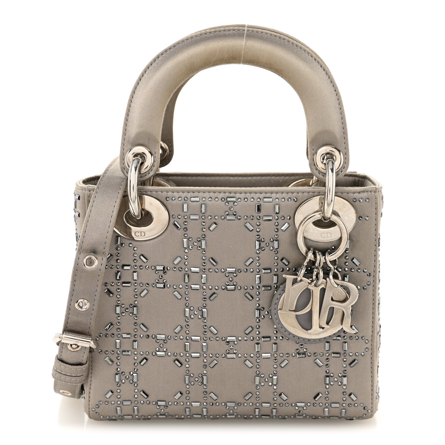 Christian Dior Satin Crystal Cannage Mini Lady Dior Gray