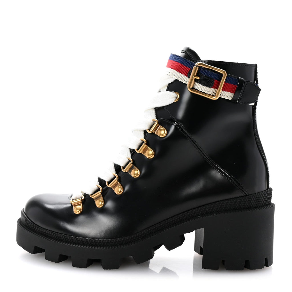 Gucci Calfskin Sylvie Web Lace Up Combat Boots 35 Black