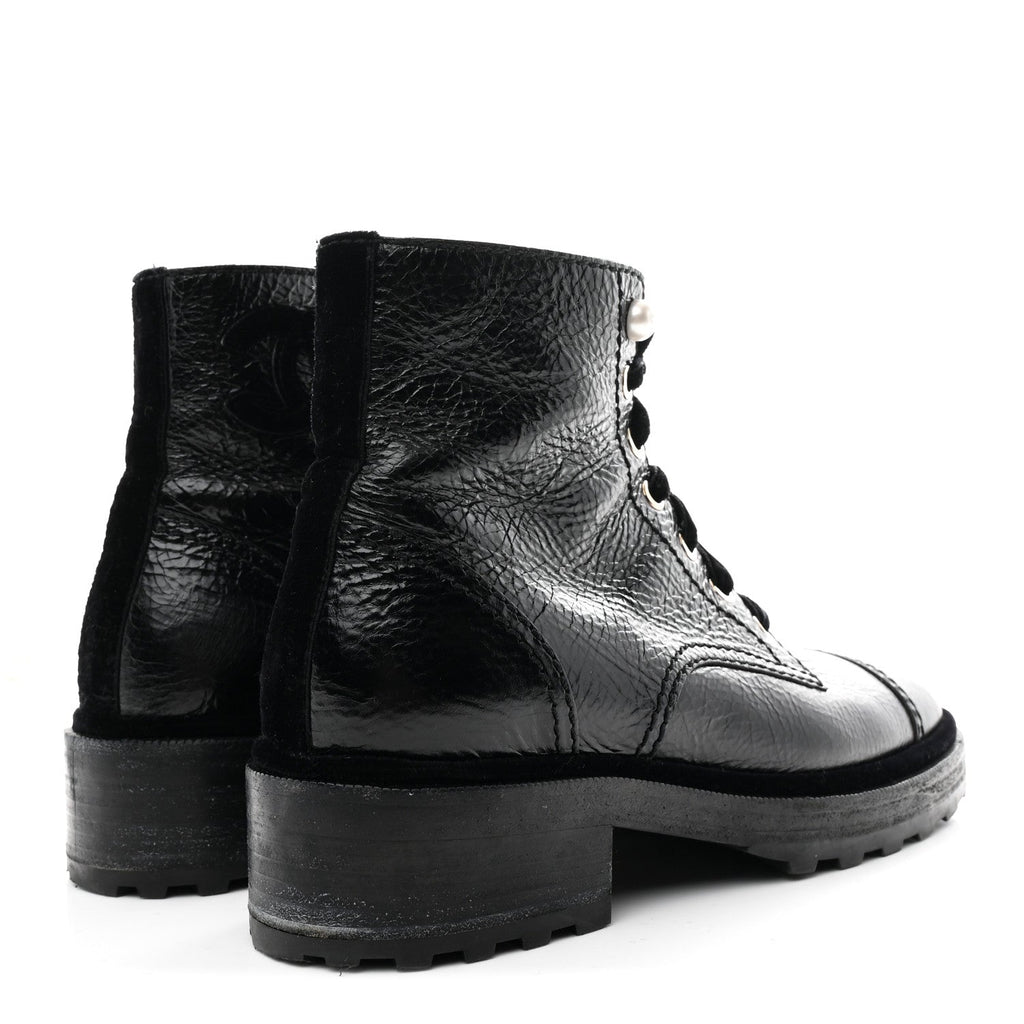 Chanel Shiny Calfskin Velvet Pearl Combat Short Boots 39 Black