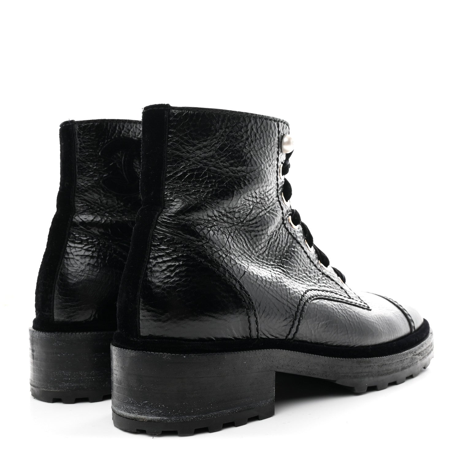 Chanel Shiny Calfskin Velvet Pearl Combat Short Boots 39 Black