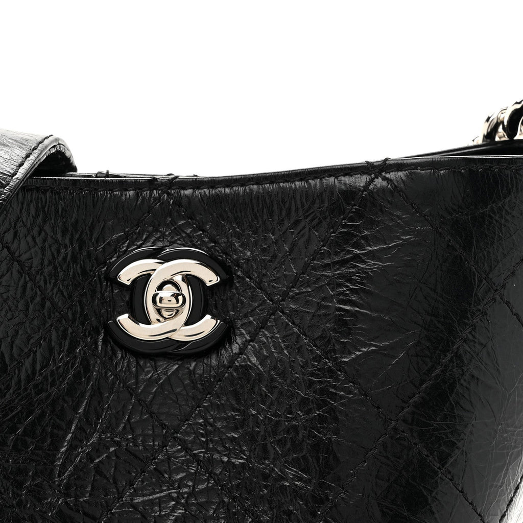 Chanel Crumpled Calfskin Quilted Chain Drawstring Bucket Bag Black
