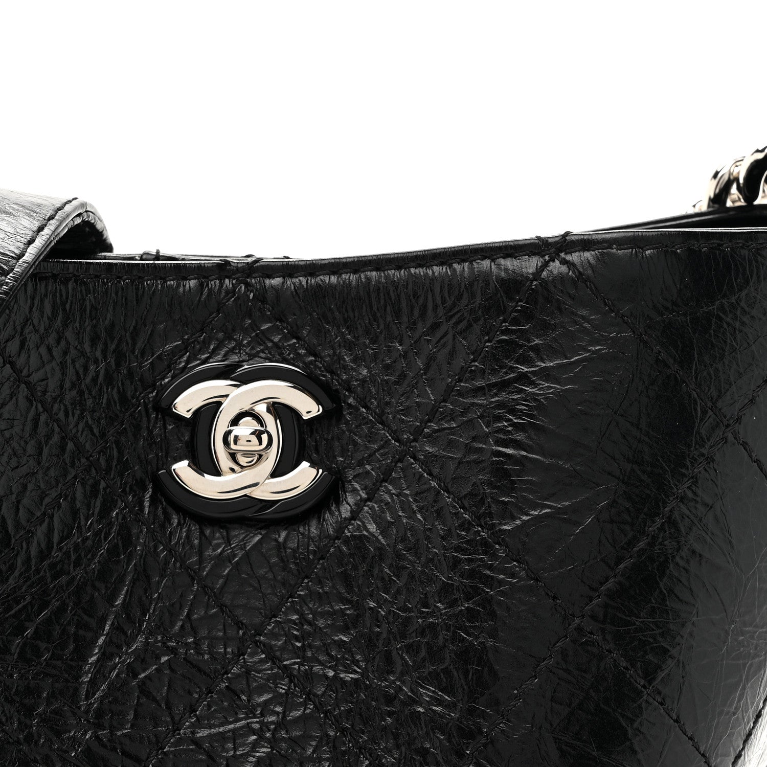 Chanel Crumpled Calfskin Quilted Chain Drawstring Bucket Bag Black