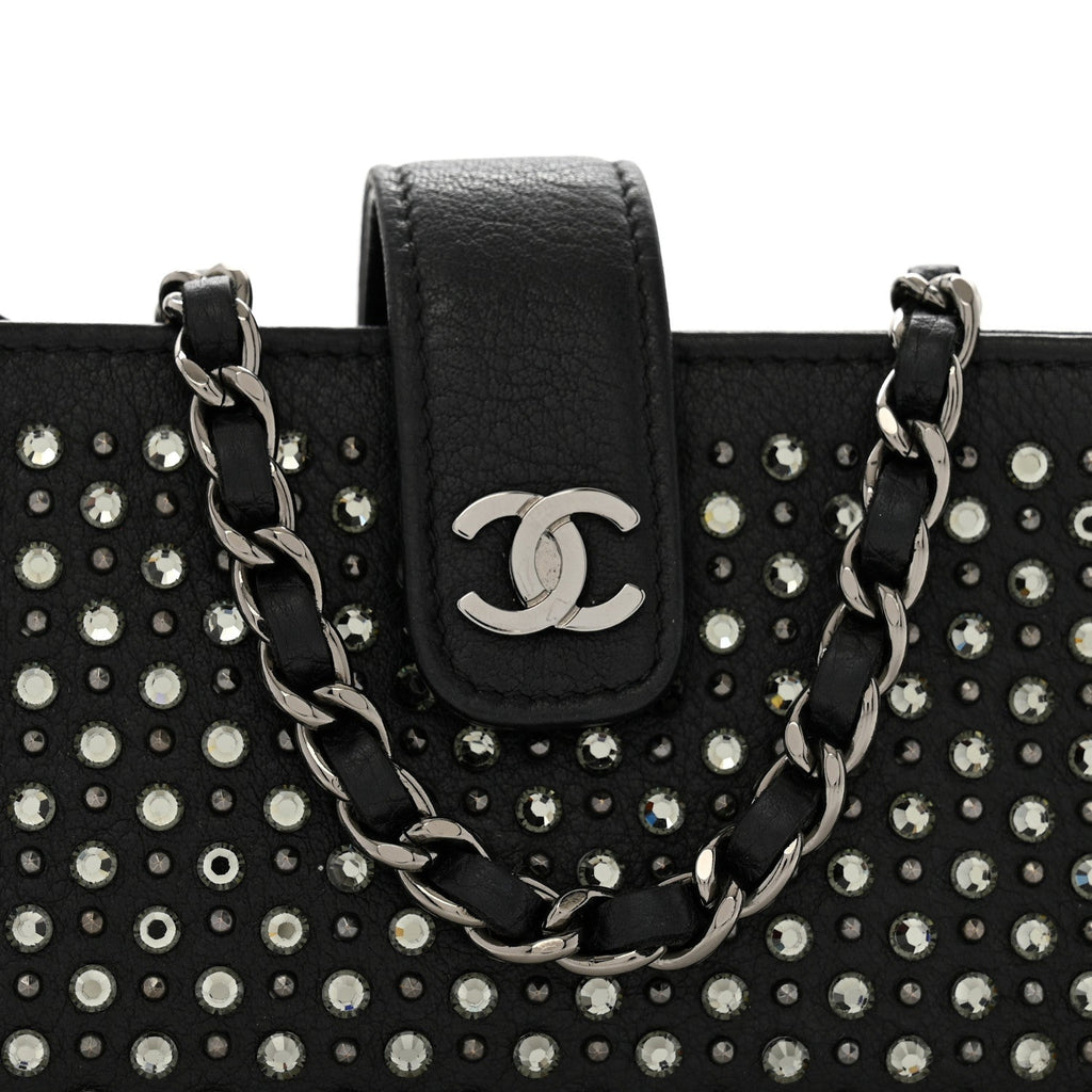 Chanel Calfskin Strass Studded Mini Phone Holder Clutch Black