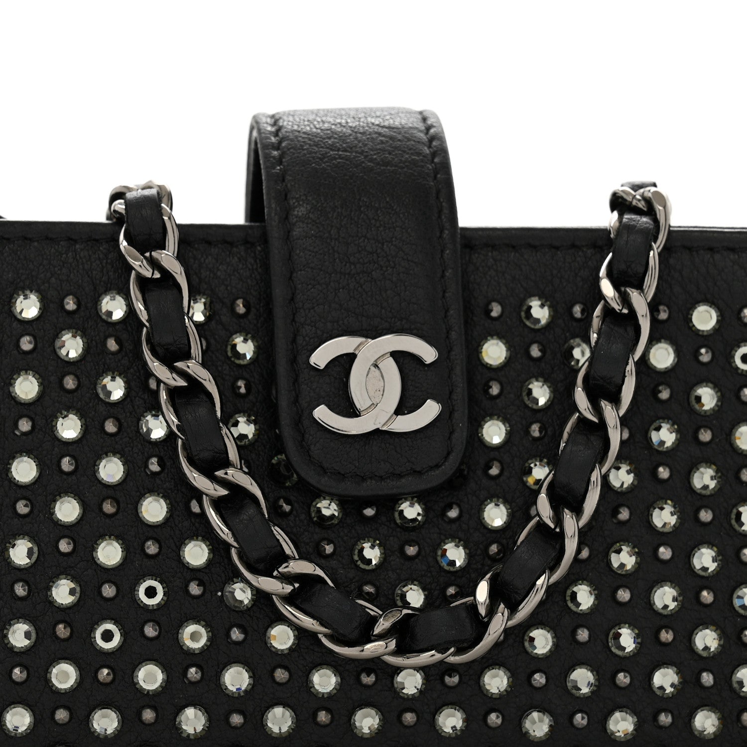 Chanel Calfskin Strass Studded Mini Phone Holder Clutch Black