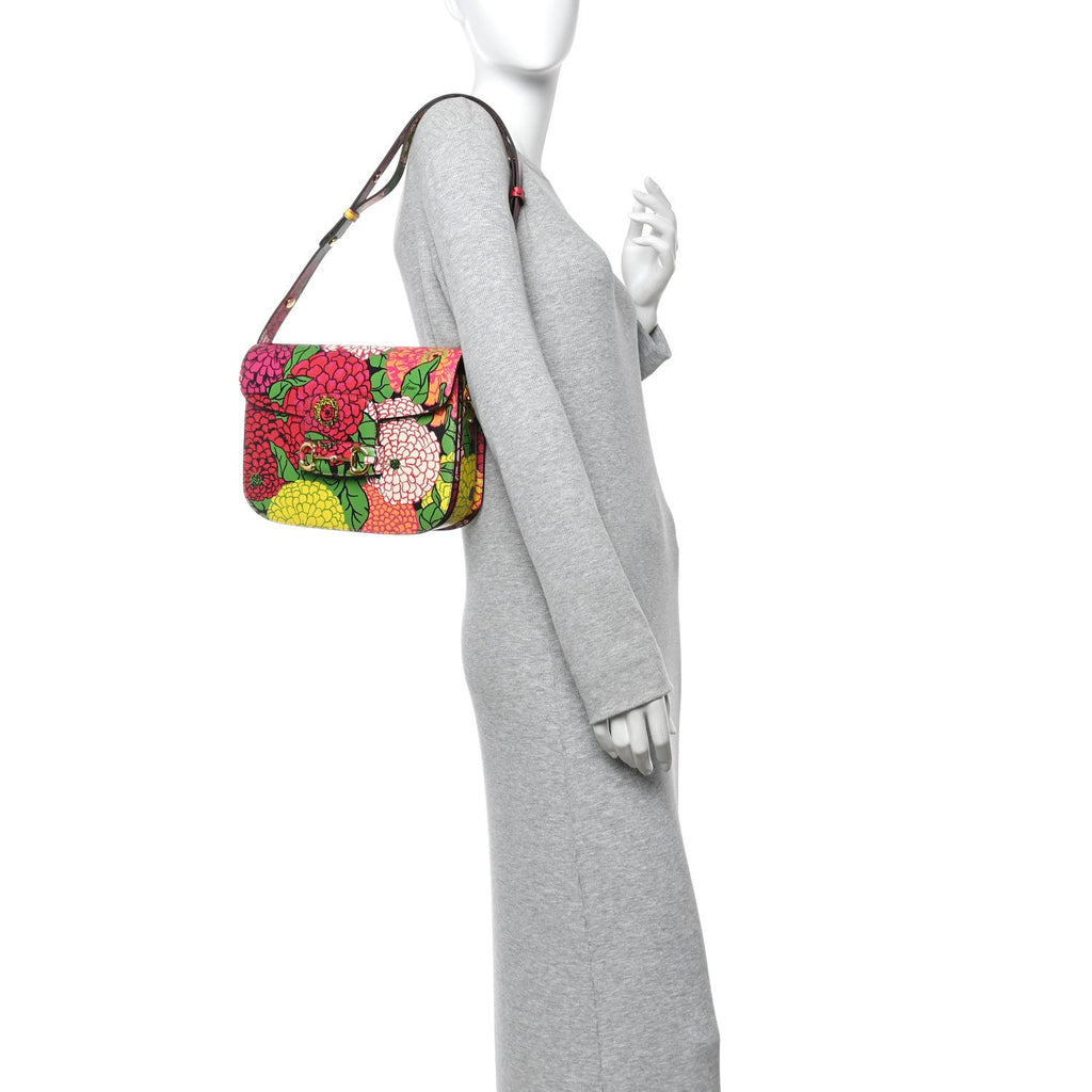 Gucci X KEN SCOTT New Shangai Calfskin Pomponica Print Horsebit 1955 Shoulder Bag  Multicolor Fuxia Pompon