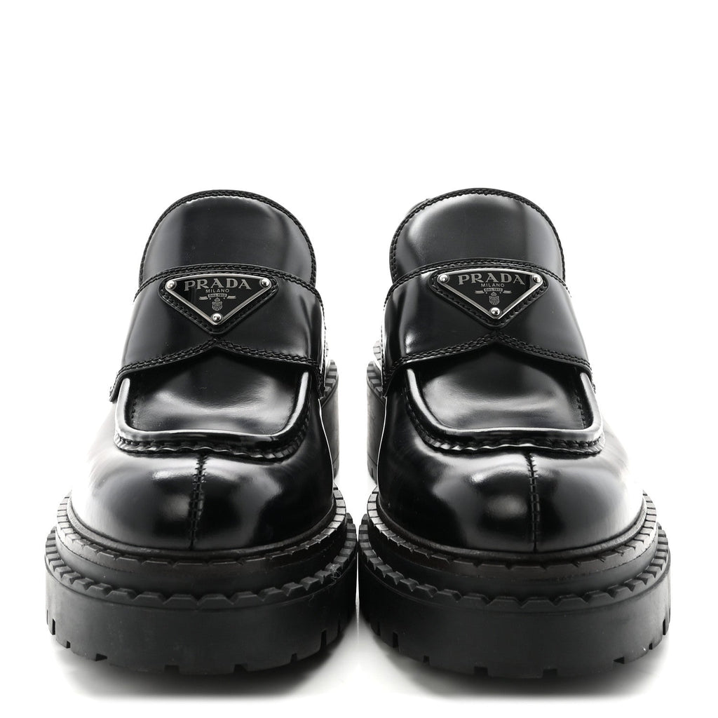 Prada Metal Triangle Logo Double Chocolate Loafers 38 Black