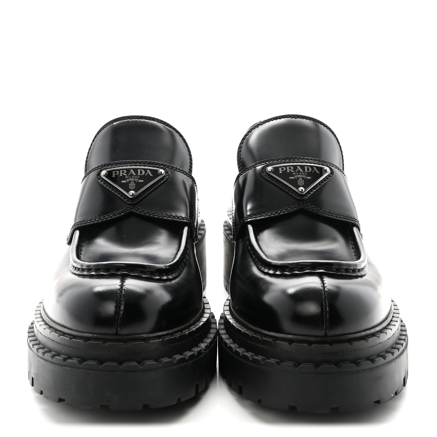 Prada Metal Triangle Logo Double Chocolate Loafers 38 Black