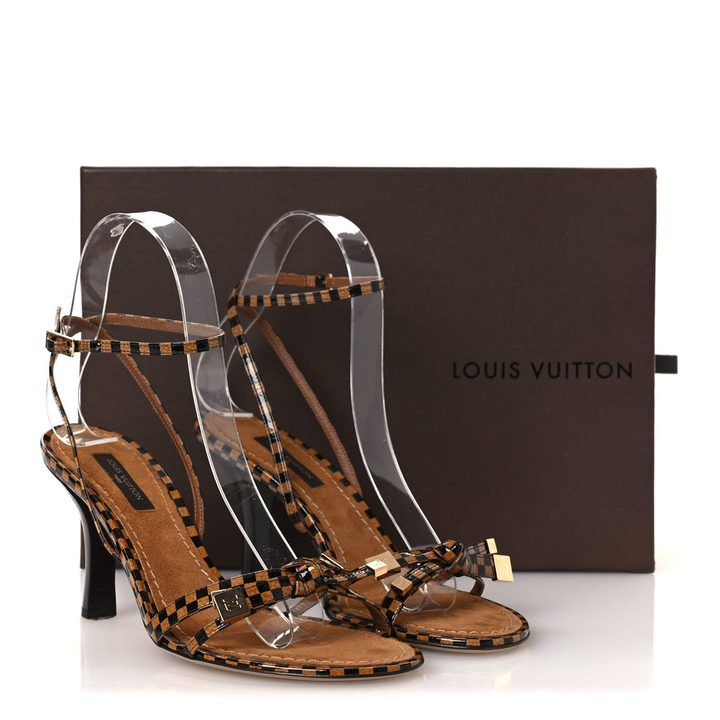 Louis Vuitton Patent Suede Damier Bow Ankle Wrap Sandals 36