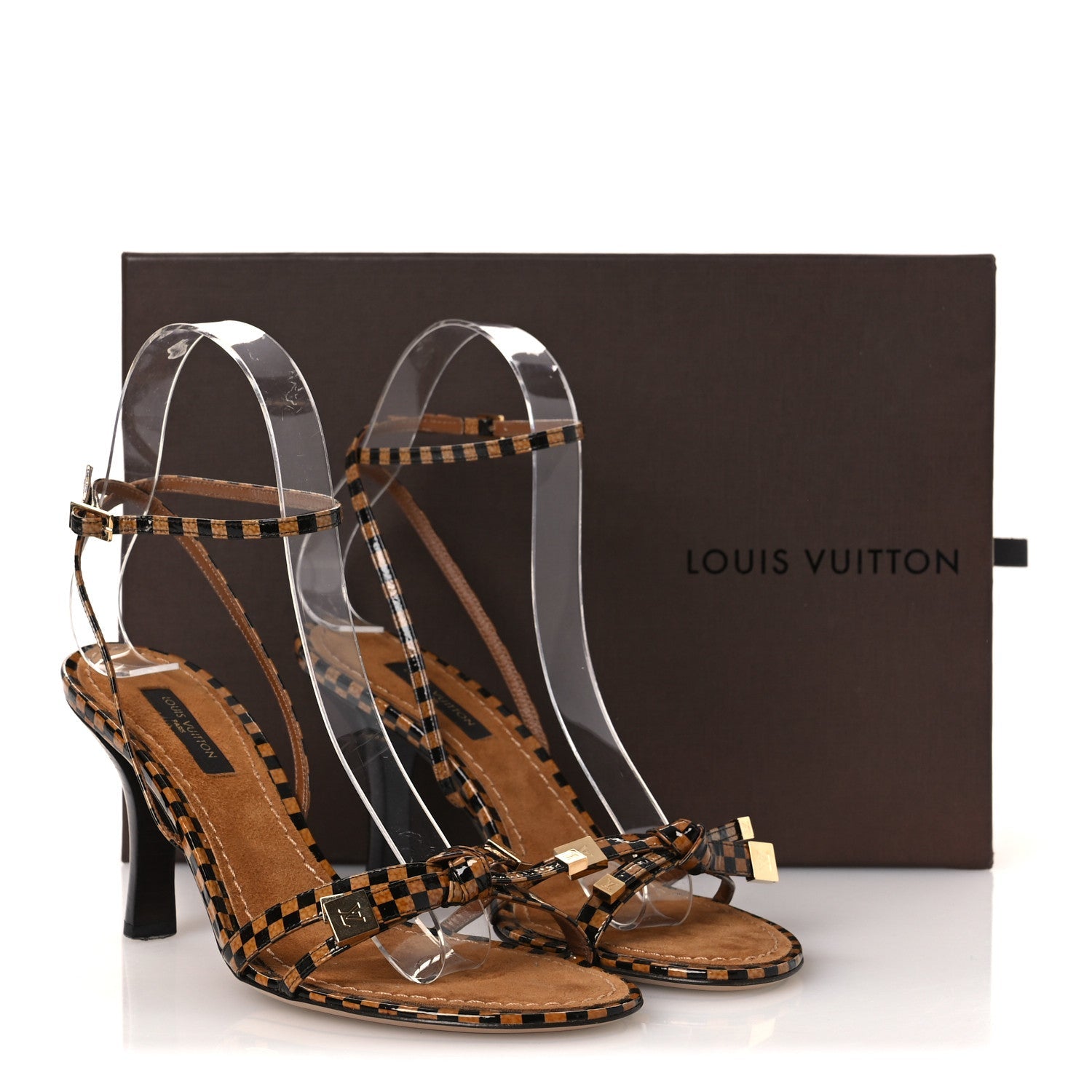 Louis Vuitton Patent Suede Damier Bow Ankle Wrap Sandals 36