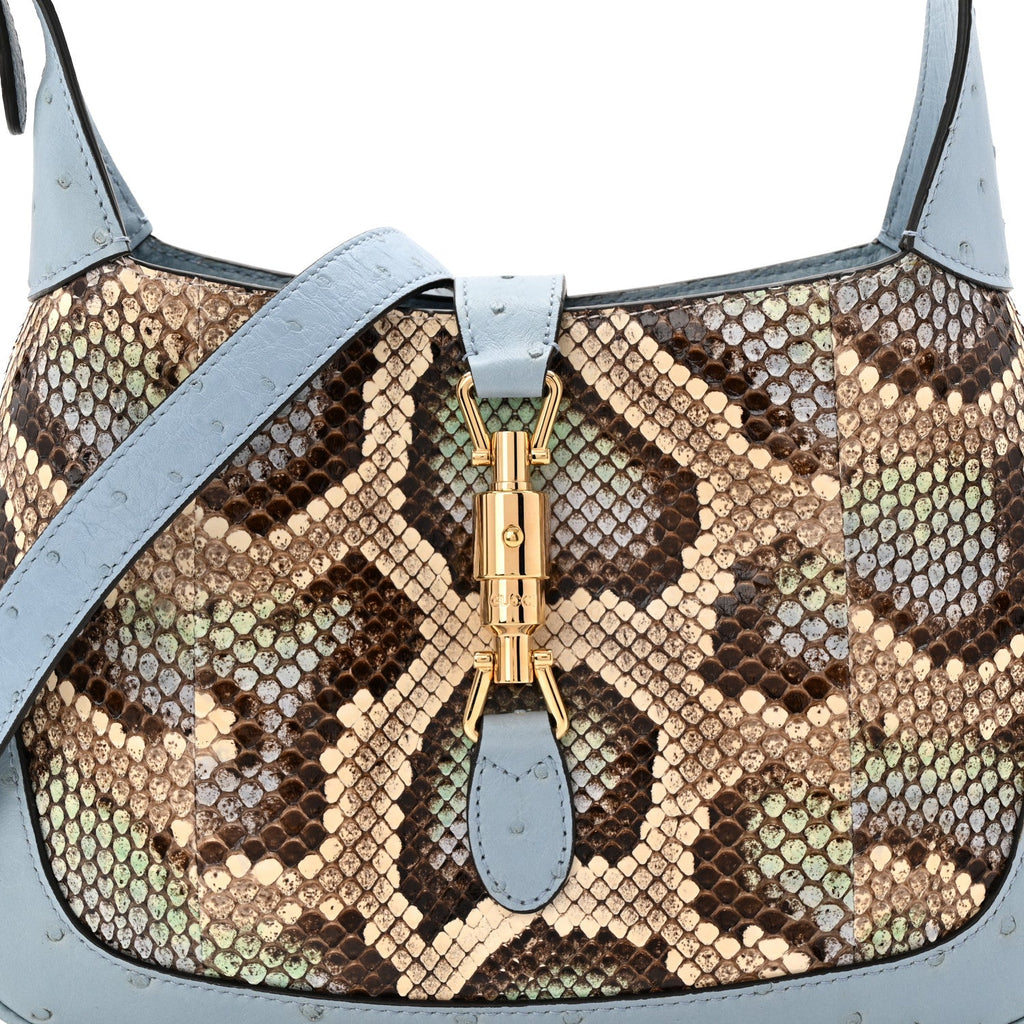Gucci Snakeskin Ostrich Calfskin Small Jackie 1961 Hobo Blue Multicolor
