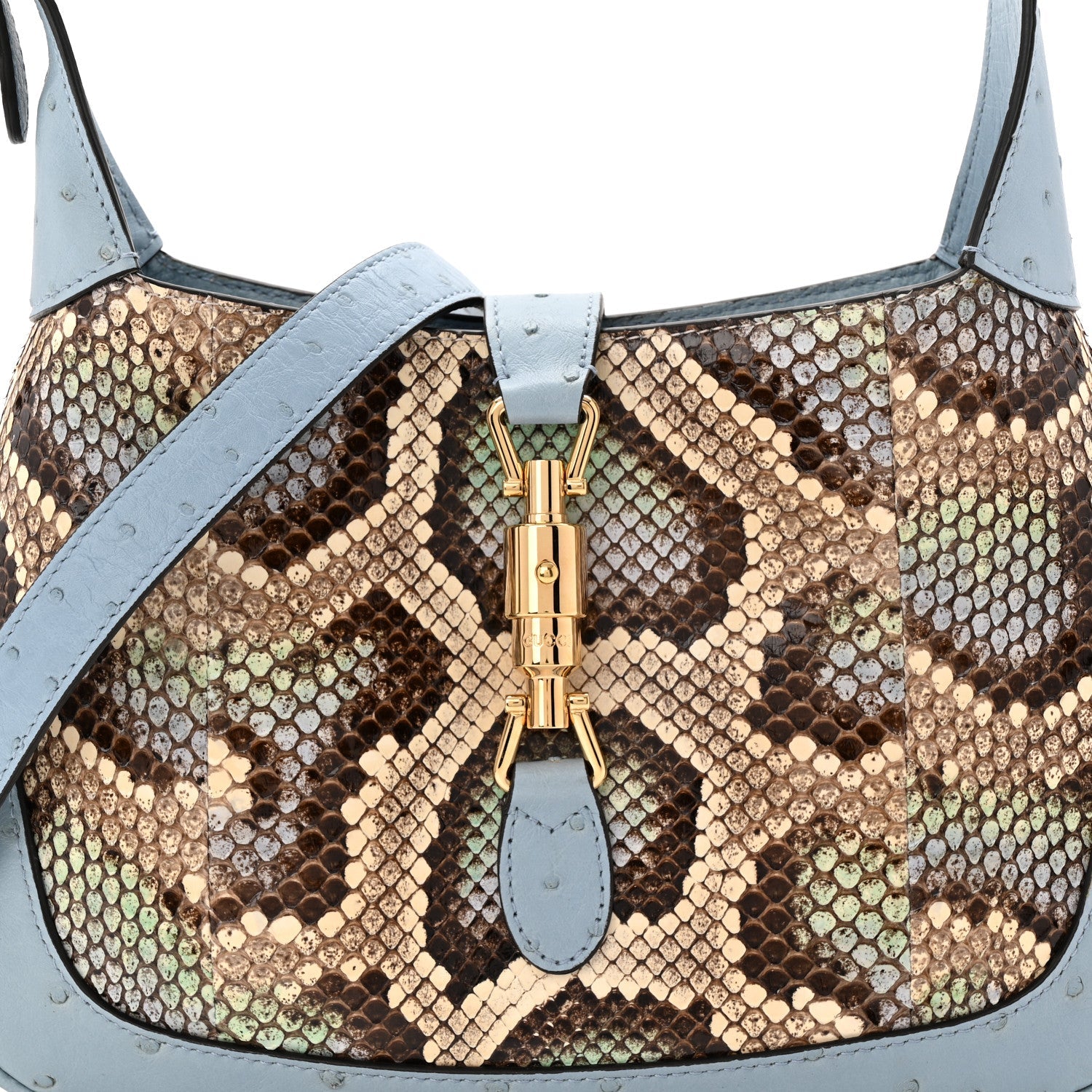 Gucci Snakeskin Ostrich Calfskin Small Jackie 1961 Hobo Blue Multicolor