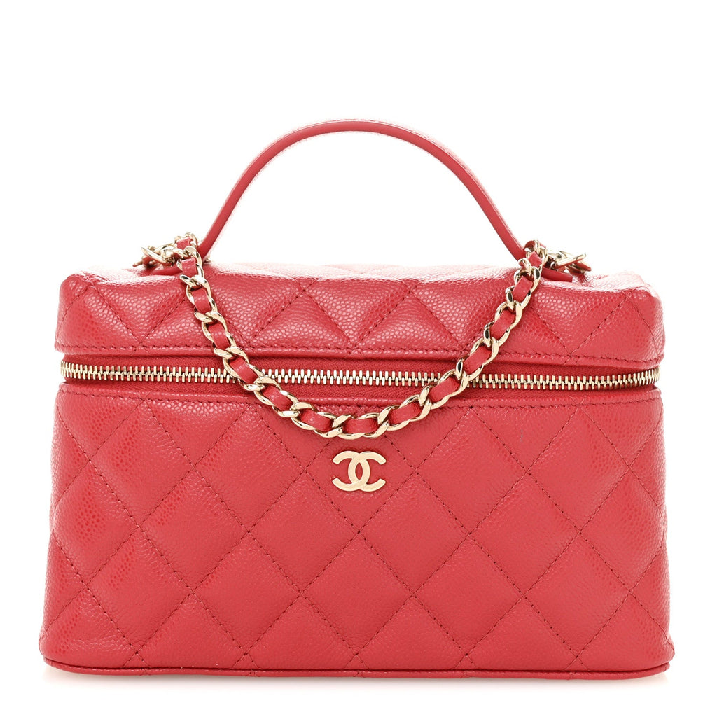 Chanel Caviar Quilted Top Handle Slim Vanity With Chain Red