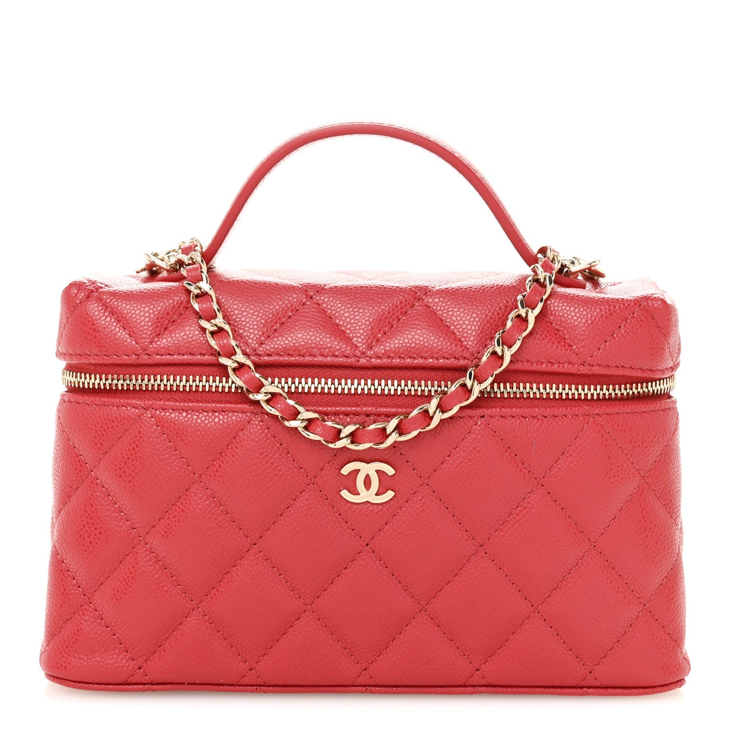 Chanel Caviar Quilted Top Handle Slim Vanity With Chain Red