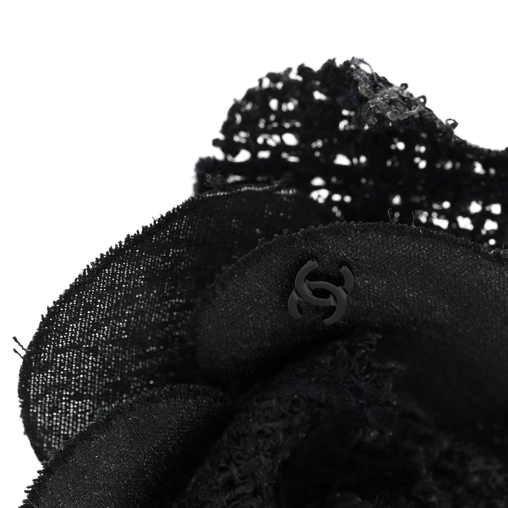 Chanel Tweed Fabric Camellia Pin Brooch Black