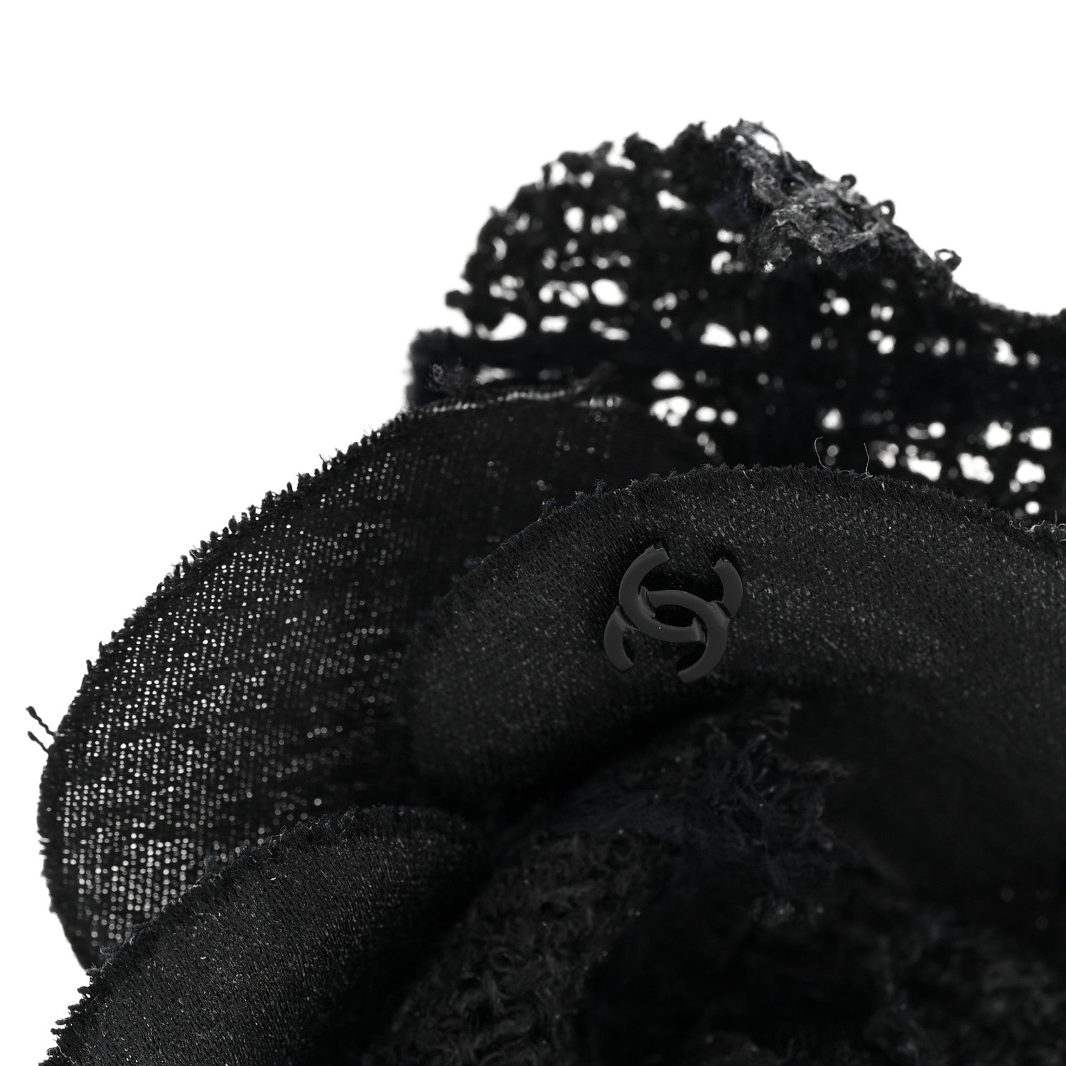 Chanel Tweed Fabric Camellia Pin Brooch Black