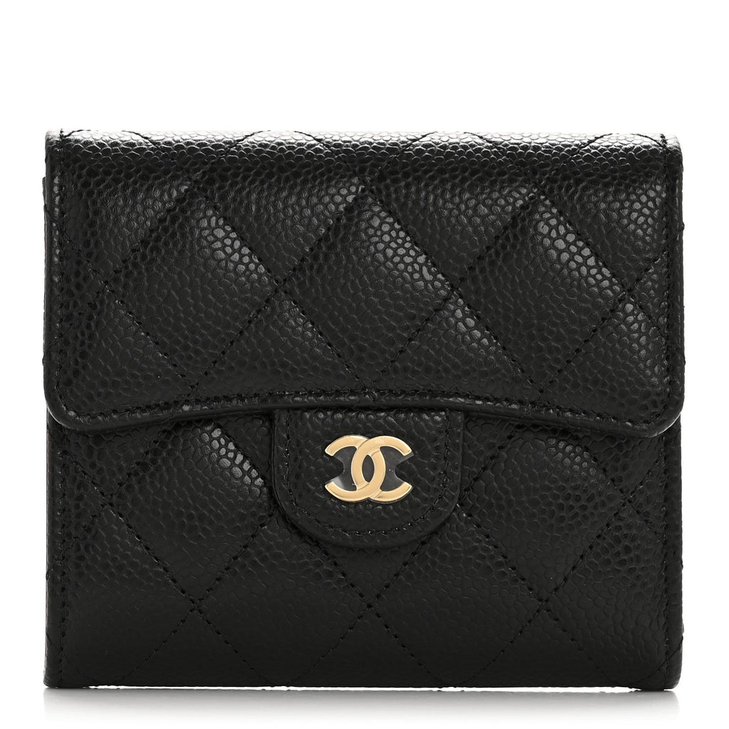 Caviar Quilted Compact Flap Wallet Black