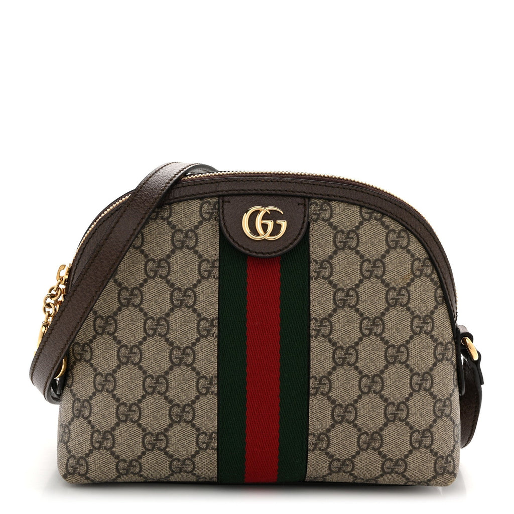 Gucci GG Supreme Monogram Textured Dollar Calfskin Web Small Ophidia Dome Shoulder Bag Beige Ebony New Acero