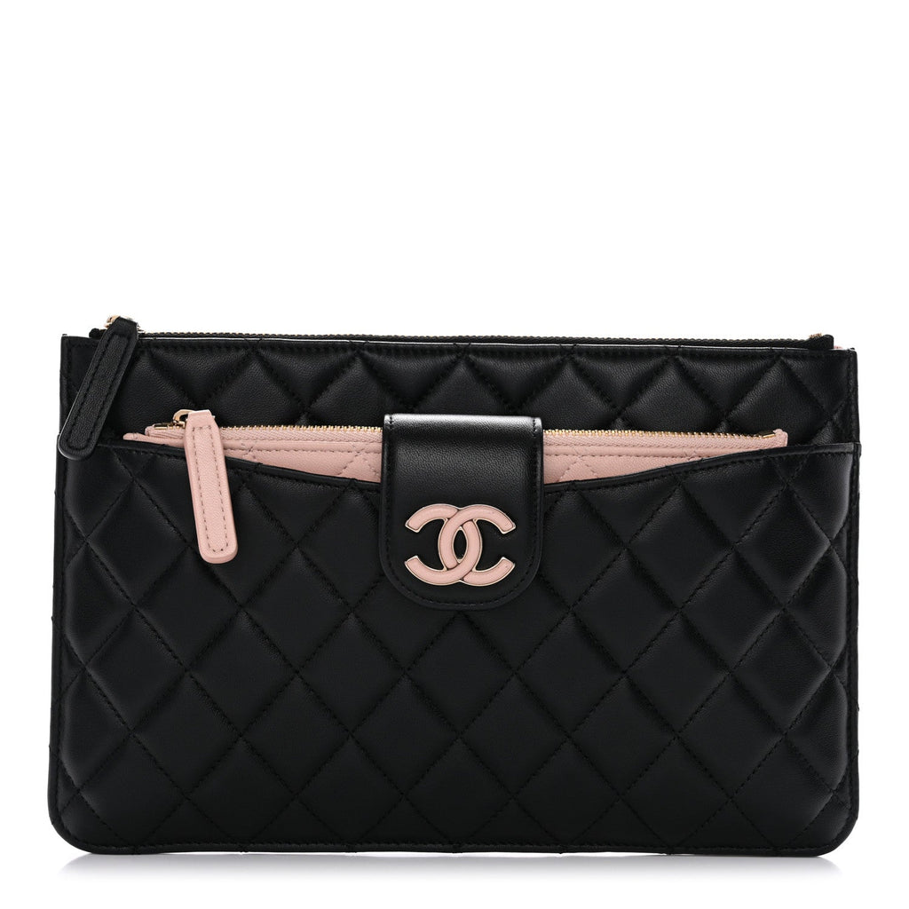 Lambskin Quilted Sunset Boulevard Pouch Case Black Pink