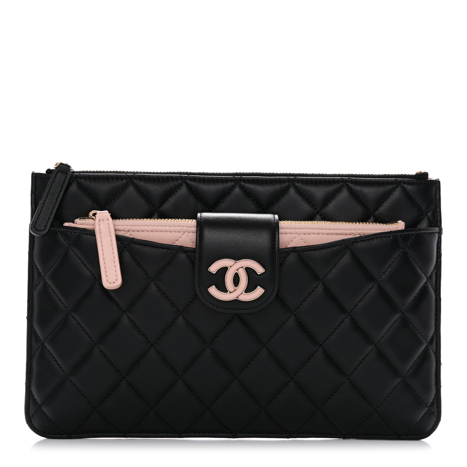 Lambskin Quilted Sunset Boulevard Pouch Case Black Pink