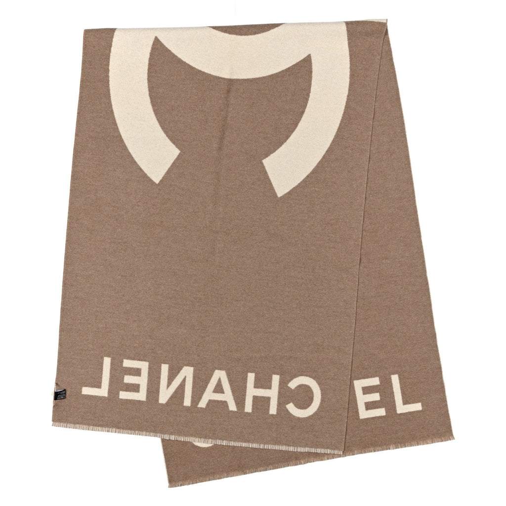 Cashmere CC Fringe Stole Beige White