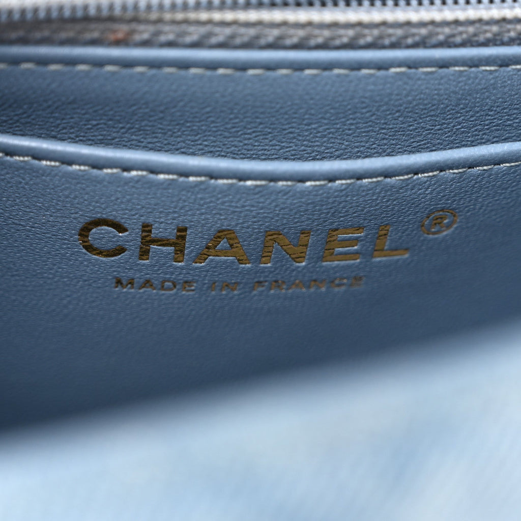 Chanel Printed Denim Quilted Mini Rectangular Flap Light Blue