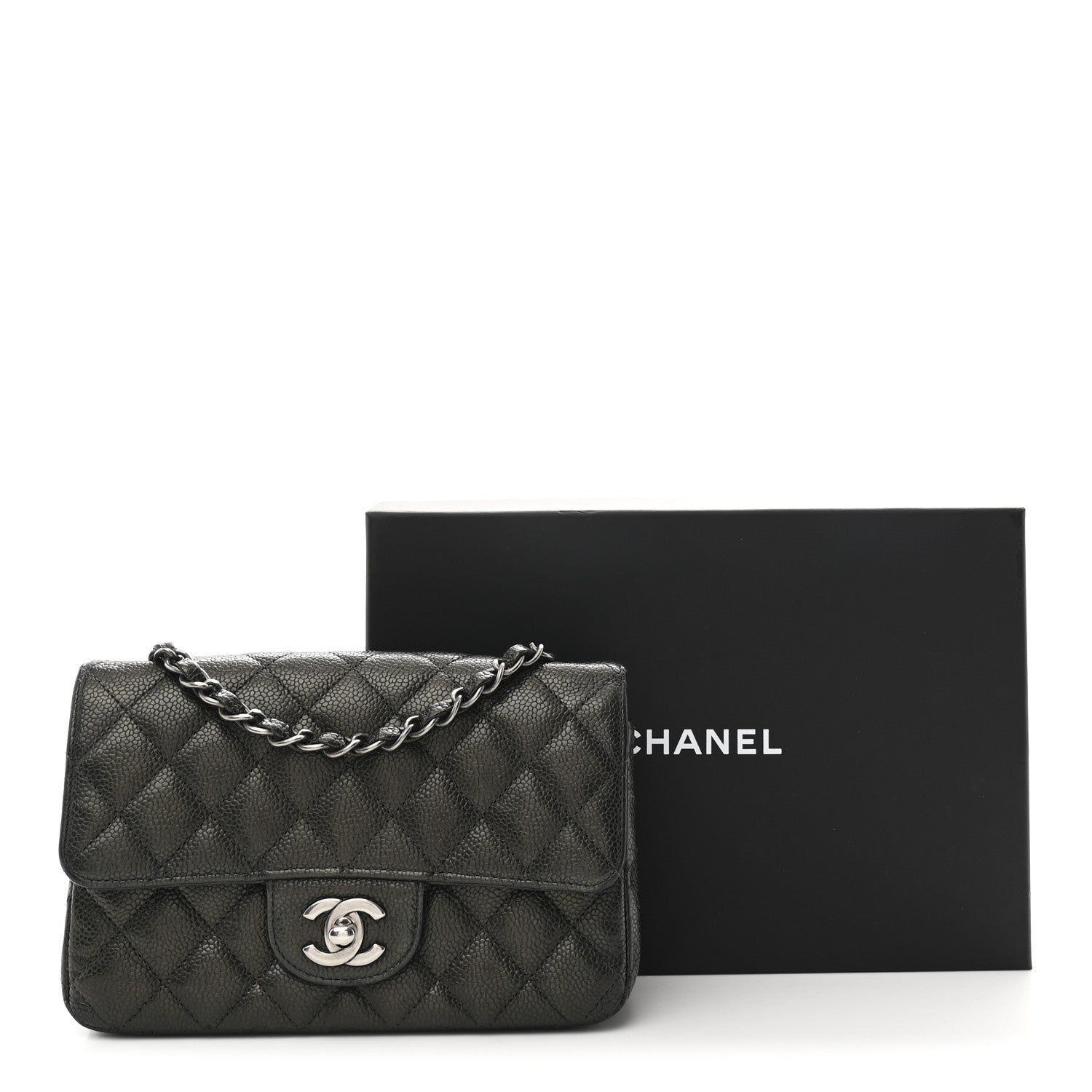 Chanel Metallic Caviar Quilted Mini Rectangular Flap Dark Grey