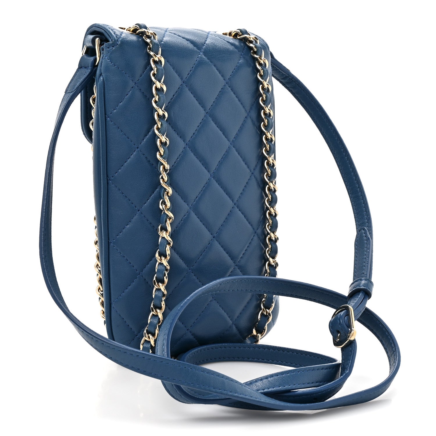 Lambskin Quilted Chain Phone Holder Blue