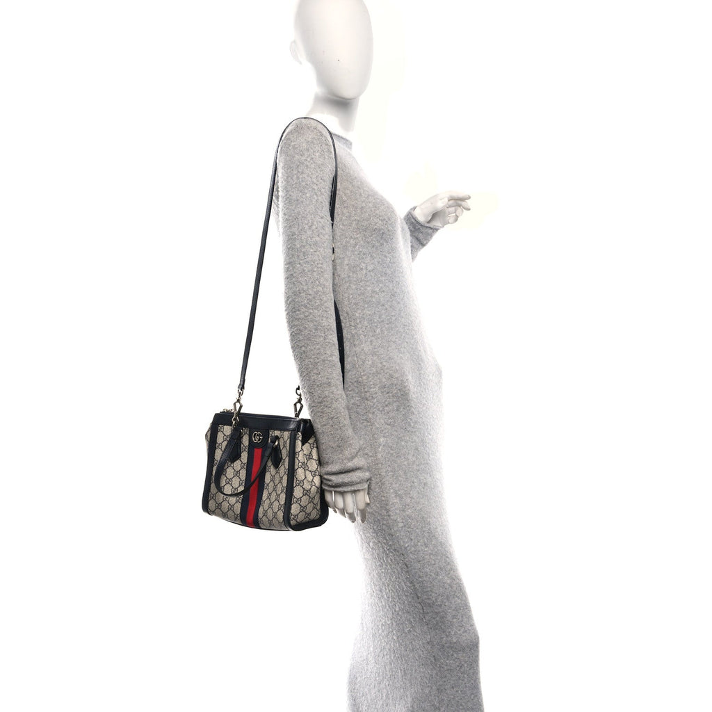 Gucci GG Supreme Monogram Textured Dollar Calfskin Web Small Ophidia Tote Bag Beige Blue