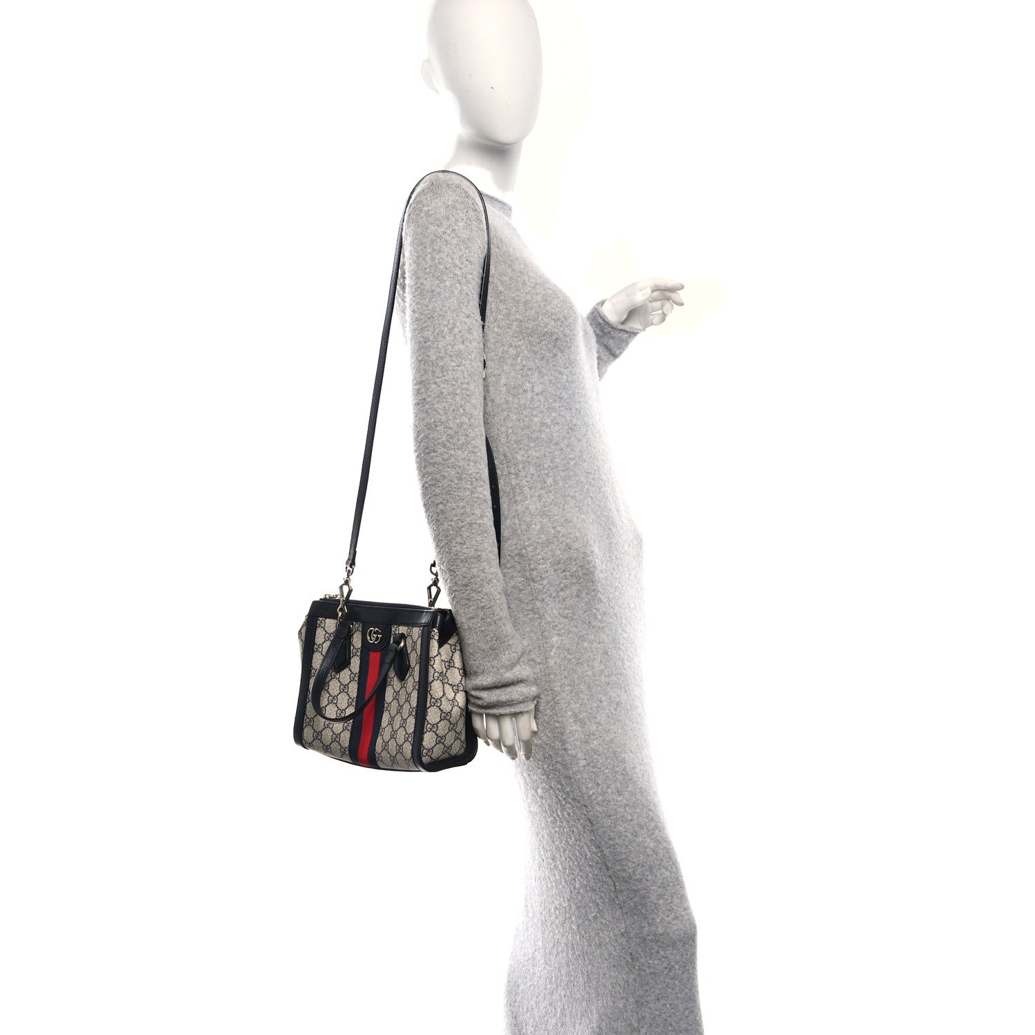 Gucci GG Supreme Monogram Textured Dollar Calfskin Web Small Ophidia Tote Bag Beige Blue