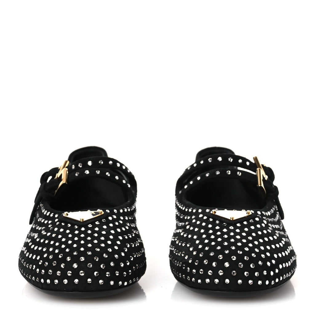Prada Suede Crystal Studded Ballerina Flats 37 Black